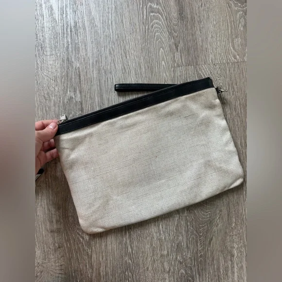 Saint Laurent Rive Gauche Canvas Clutch | YSL Pouch Black Leather Trim Wristlet - Picture 6 of 9